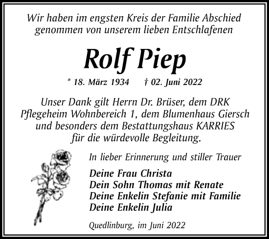 Traueranzeige von Rolf Piep von Trauerkombi Quedlinburg