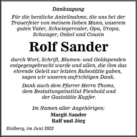 Traueranzeige von Rolf Sander von Trauerkombi Sangerhausen