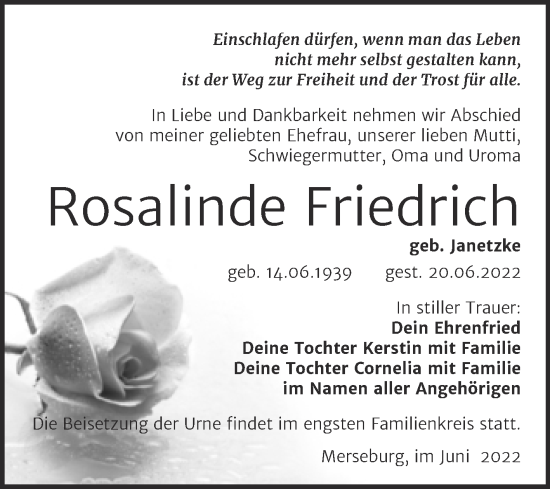 Traueranzeige von Rosalinde Friedrich von Trauerkombi Merseburg