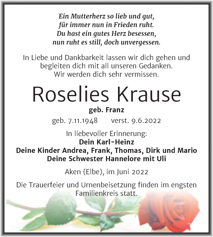  Traueranzeige für Roselies Krause vom 15.06.2022 aus Trauerkombi Köthen