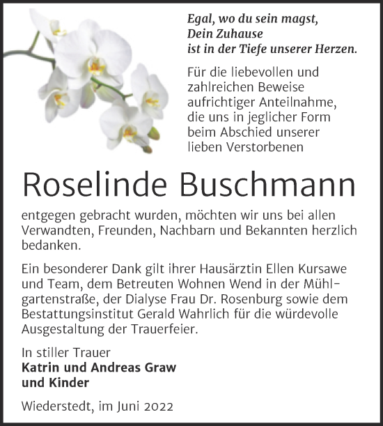 Traueranzeige von Roselinde Buschmann von Trauerkombi Mansfelder Land