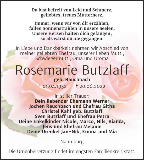 Traueranzeige von Rosemarie Butzlaff von Wochenspiegel Naumburg/Nebra