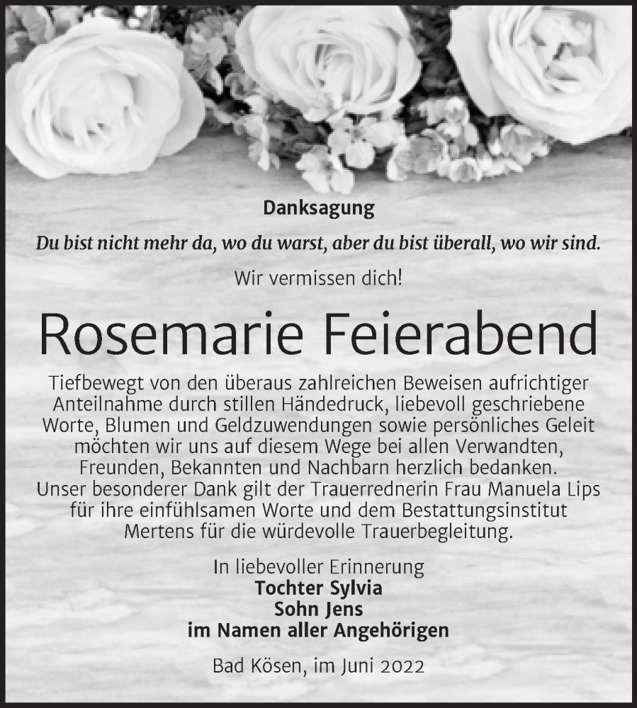  Traueranzeige für Rosemarie Feierabend vom 15.06.2022 aus Wochenspiegel Naumburg/Nebra