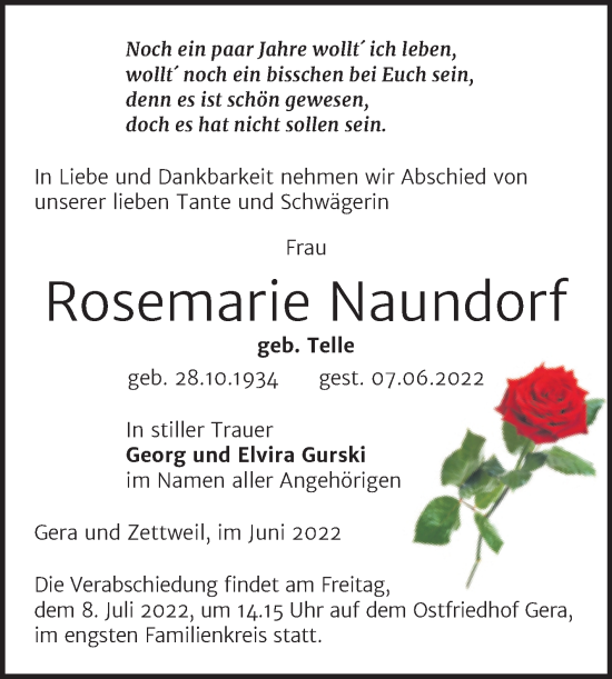 Traueranzeige von Rosemarie Naundorf von Mitteldeutsche Zeitung Zeitz