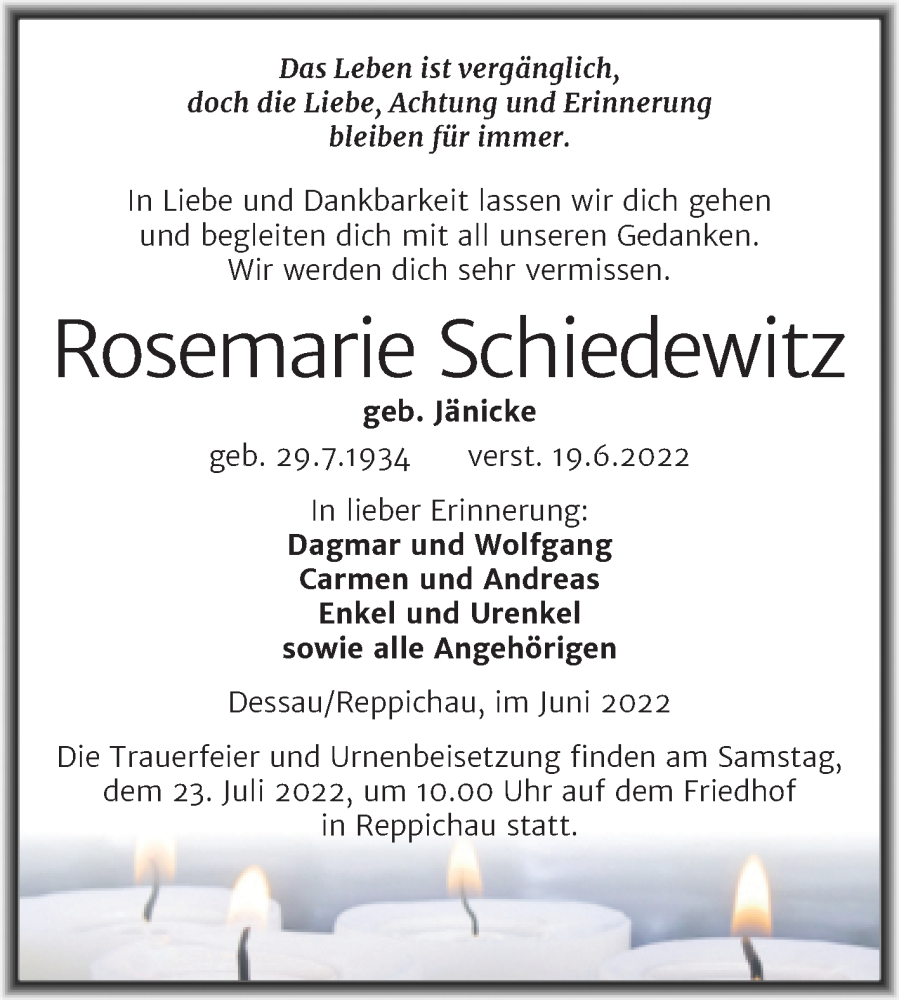  Traueranzeige für Rosemarie Schiedewitz vom 23.06.2022 aus Trauerkombi Dessau