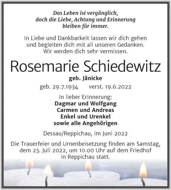 Traueranzeige von Rosemarie Schiedewitz von Trauerkombi Dessau