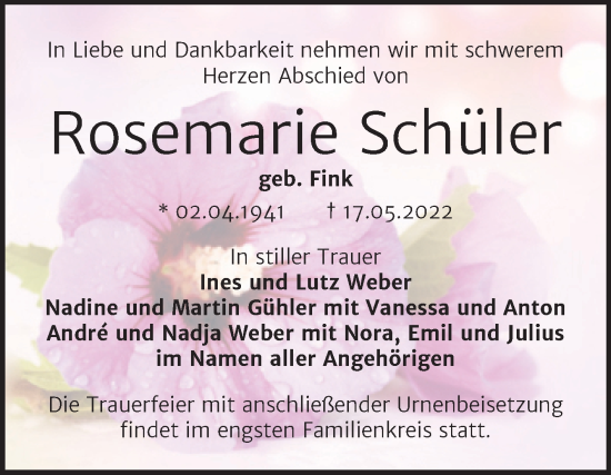Traueranzeige von Rosemarie Schüler von Mitteldeutsche Zeitung Halle/Saalkreis