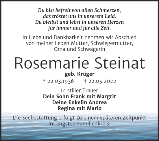 Traueranzeige von Rosemarie Steinst von Trauerkombi Dessau