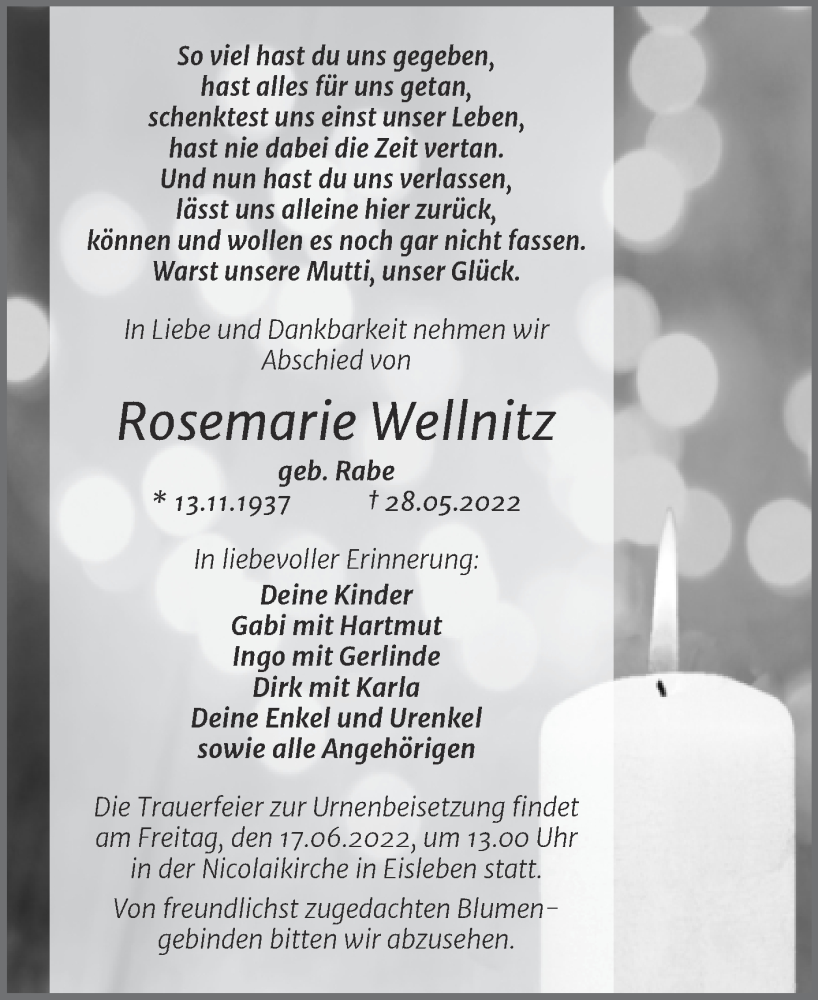  Traueranzeige für Rosemarie Wellnitz vom 11.06.2022 aus Trauerkombi Mansfelder Land