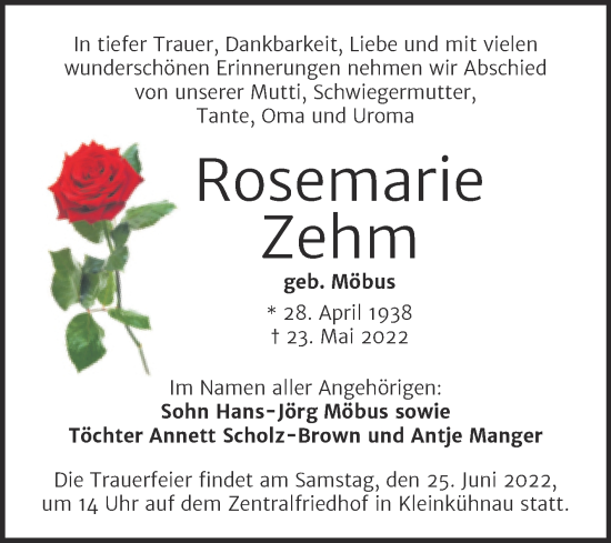 Traueranzeige von Rosemarie Zehm von Trauerkombi Dessau