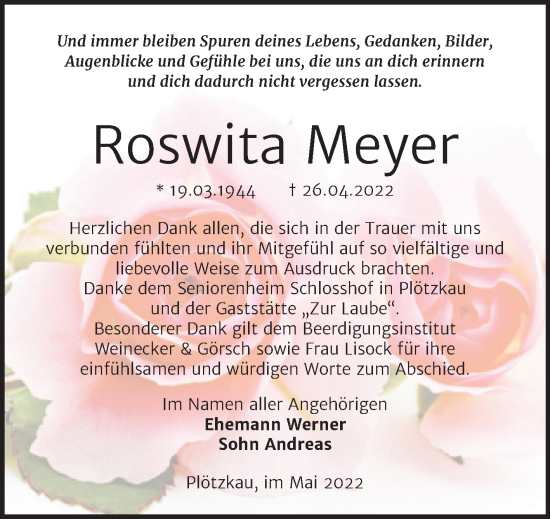 Traueranzeige von Roswita Meyer von Trauerkombi Bernburg