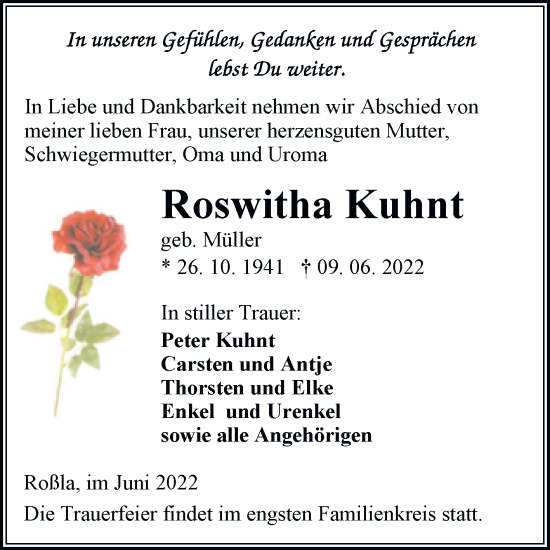 Traueranzeige von Roswitha Kuhnt von Trauerkombi Sangerhausen