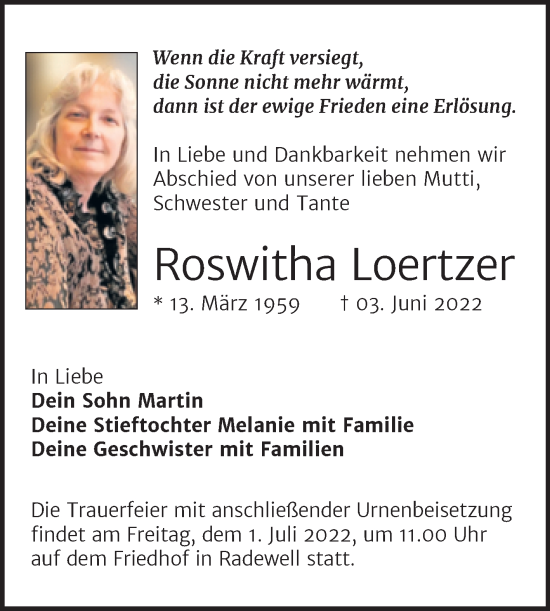 Traueranzeige von Roswitha Loertzer von Mitteldeutsche Zeitung Halle/Saalkreis