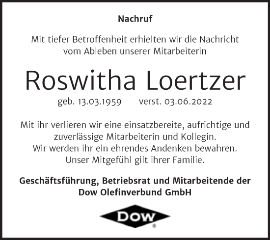 Traueranzeige von Roswitha Loertzer von Mitteldeutsche Zeitung Halle/Saalkreis