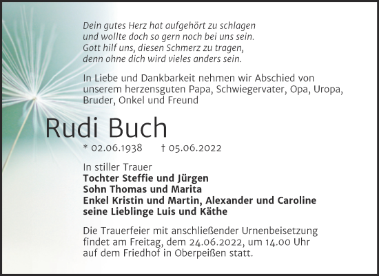 Traueranzeige von Rudi Buch von Trauerkombi Bernburg
