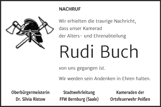 Traueranzeige von Rudi Buch von Super Sonntag Bernburg