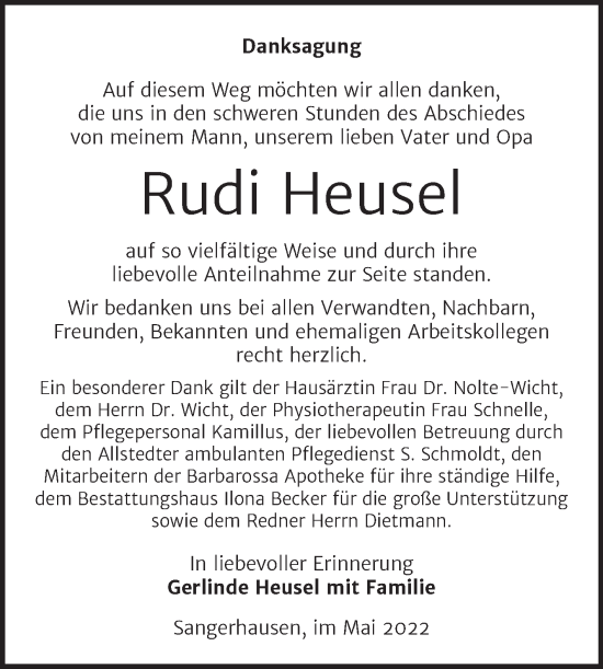 Traueranzeige von Rudi Heusel von Trauerkombi Sangerhausen