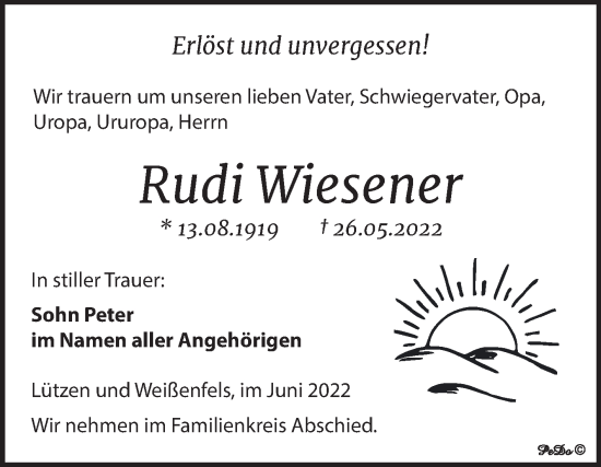 Traueranzeige von Rudi Wiesener von Mitteldeutsche Zeitung Weißenfels
