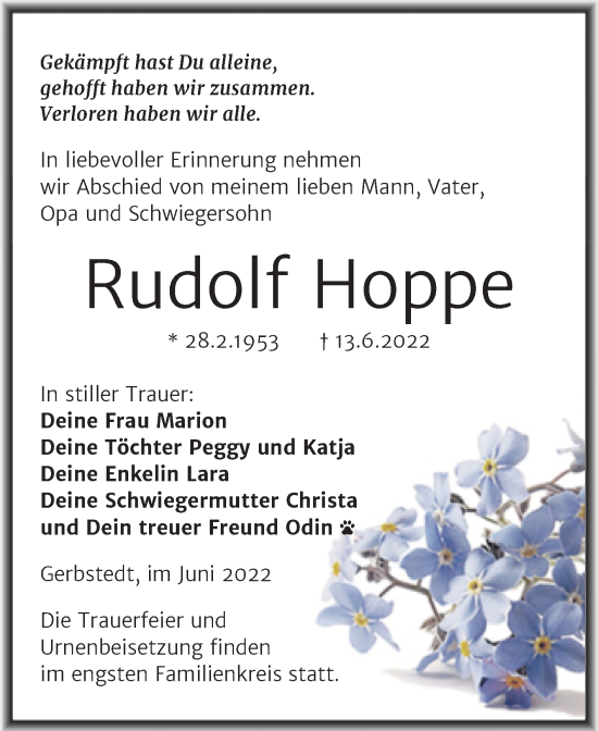 Traueranzeige von Rudolf Hoppe von Trauerkombi Mansfelder Land