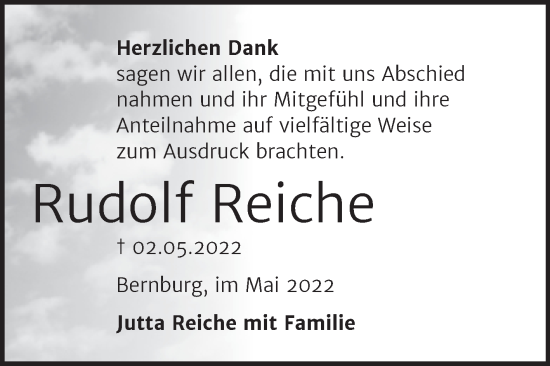 Traueranzeige von Rudolf Reiche von Trauerkombi Bernburg