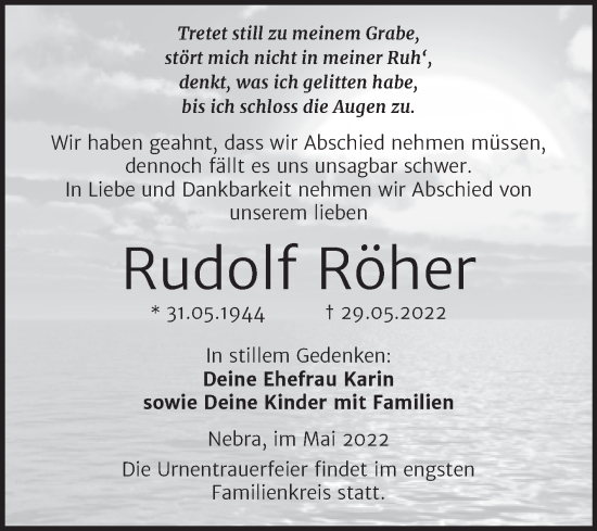 Traueranzeige von Rudolf Röher von Wochenspiegel Naumburg/Nebra