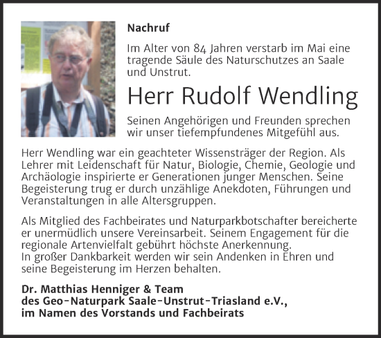 Traueranzeige von Rudolf Wendling von Naumburger Tageblatt