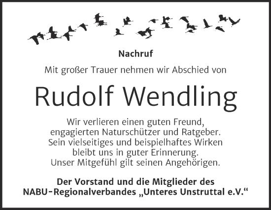 Traueranzeige von Rudolf Wendling von Wochenspiegel Naumburg/Nebra