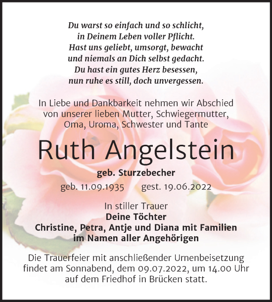 Traueranzeige von Ruth Angelstein von Trauerkombi Sangerhausen