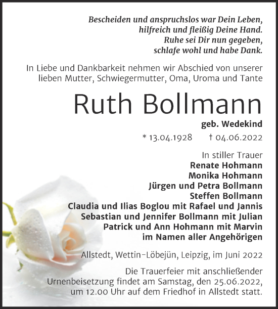 Traueranzeige von Ruth Bollmann von Trauerkombi Sangerhausen