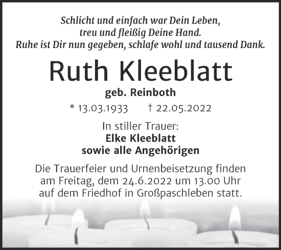 Traueranzeige von Ruth Kleeblatt von Trauerkombi Köthen
