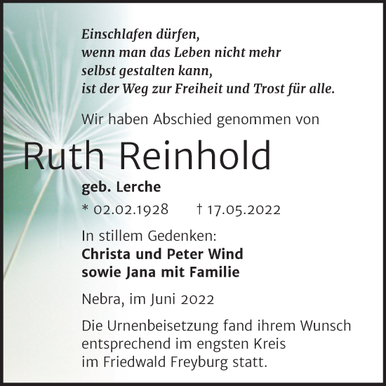 Traueranzeige von Ruth Reinhold von Wochenspiegel Naumburg/Nebra