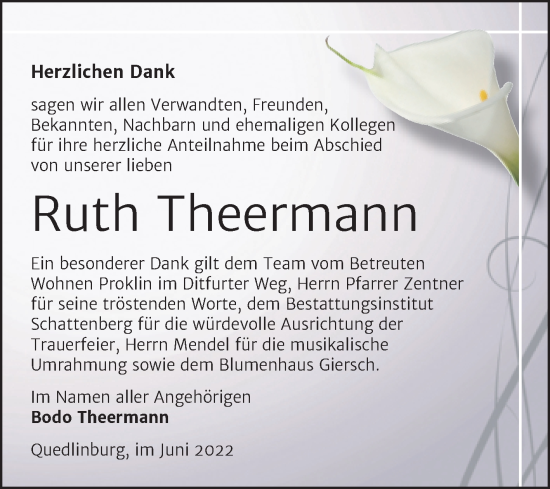 Traueranzeige von Ruth Theermann von Trauerkombi Quedlinburg