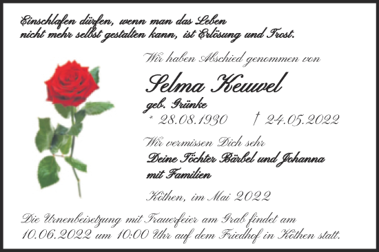 Traueranzeige von Selma Keuwel von Trauerkombi Köthen
