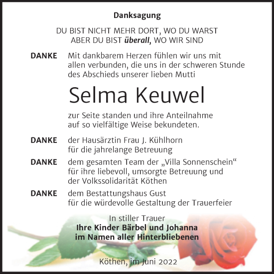 Traueranzeige von Selma Keuwel von Trauerkombi Köthen