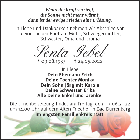 Traueranzeige von Senta Gebel von Mitteldeutsche Zeitung Halle/Saalkreis