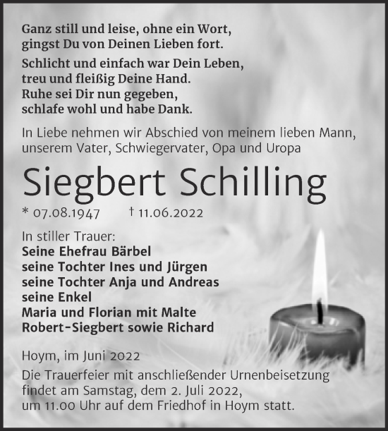 Traueranzeige von Siegbert Schilling von Trauerkombi Aschersleben
