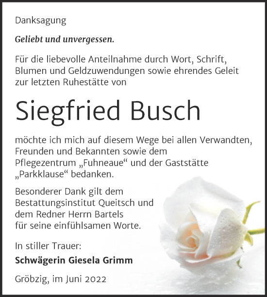 Traueranzeige von Siegfried Busch von Trauerkombi Köthen
