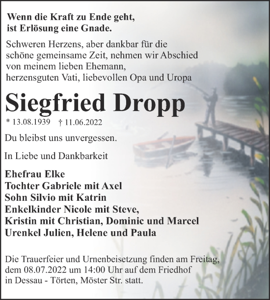 Traueranzeige von Siegfried Dropp von Trauerkombi Dessau