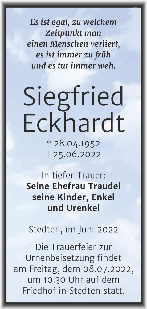  Traueranzeige für Siegfried Eckhardt vom 29.06.2022 aus Trauerkombi Mansfelder Land