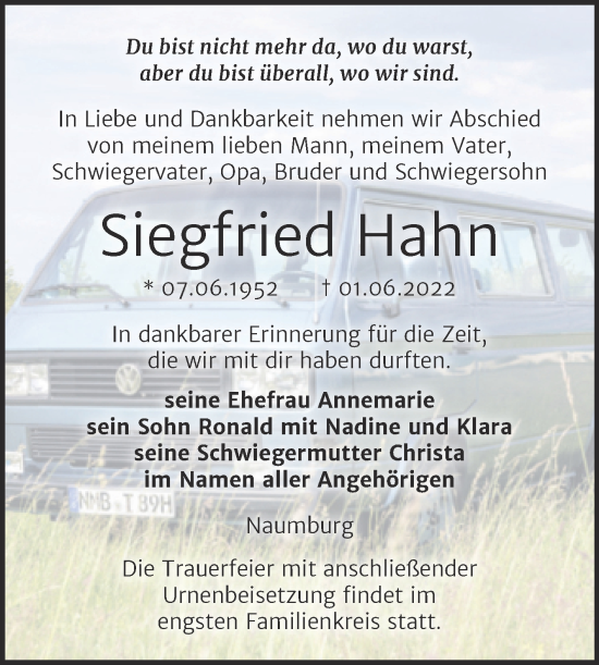 Traueranzeige von Siegfried Hahn von Naumburger Tageblatt