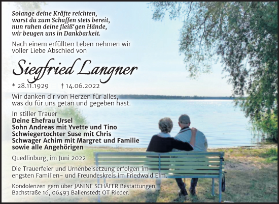 Traueranzeige von Siegfried Langner von Trauerkombi Quedlinburg