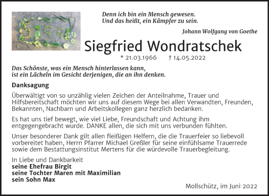 Traueranzeige von Siegfried Wondratschek von Wochenspiegel Naumburg/Nebra