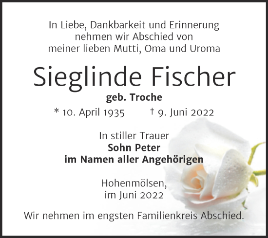 Traueranzeige von Sieglinde Fischer von Trauerkombi Weißenfels