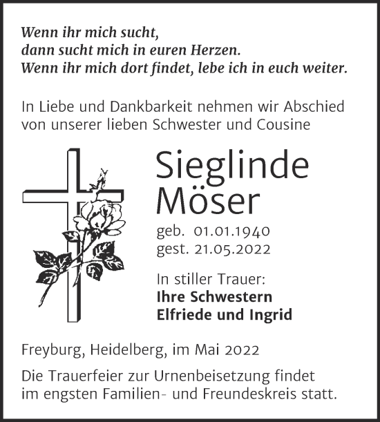 Traueranzeige von Sieglinde Möser von Wochenspiegel Naumburg/Nebra