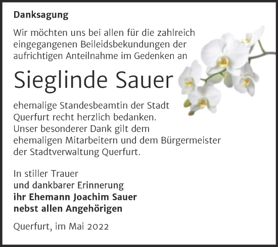 Traueranzeige von Sieglinde Sauer von Trauerkombi Merseburg