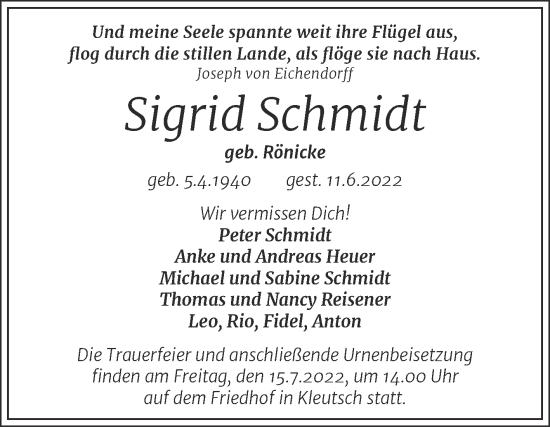 Traueranzeige von Sigrid Schmidt von Trauerkombi Dessau