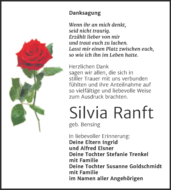 Traueranzeige von Silvia Ranft von Trauerkombi Mansfelder Land