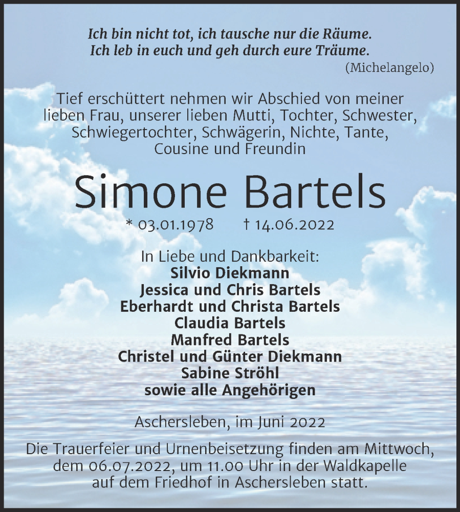  Traueranzeige für Simone Bartels vom 18.06.2022 aus Trauerkombi Aschersleben