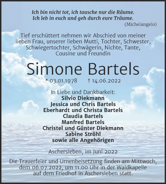 Traueranzeige von Simone Bartels von Trauerkombi Aschersleben
