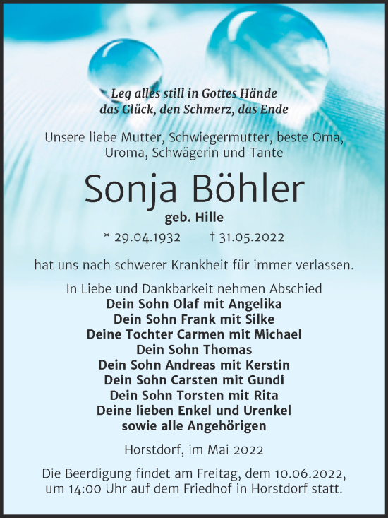 Traueranzeige von Sonja Böhler von Trauerkombi Wittenberg